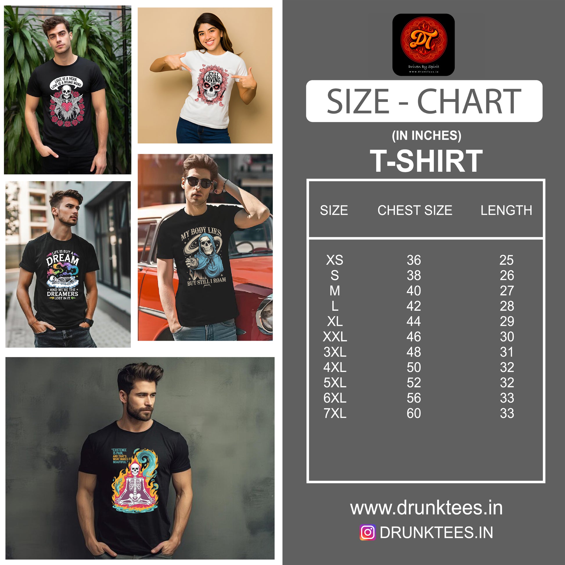 Collage of people wearing t-shirts with a size chart on the right side, featuring the brand 'Drunk Tees'.